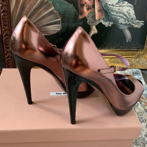 miu miu Capretto Lamina Cammeo metallic rose gold copper open peep toe Mary Jane - Picture 13 of 14